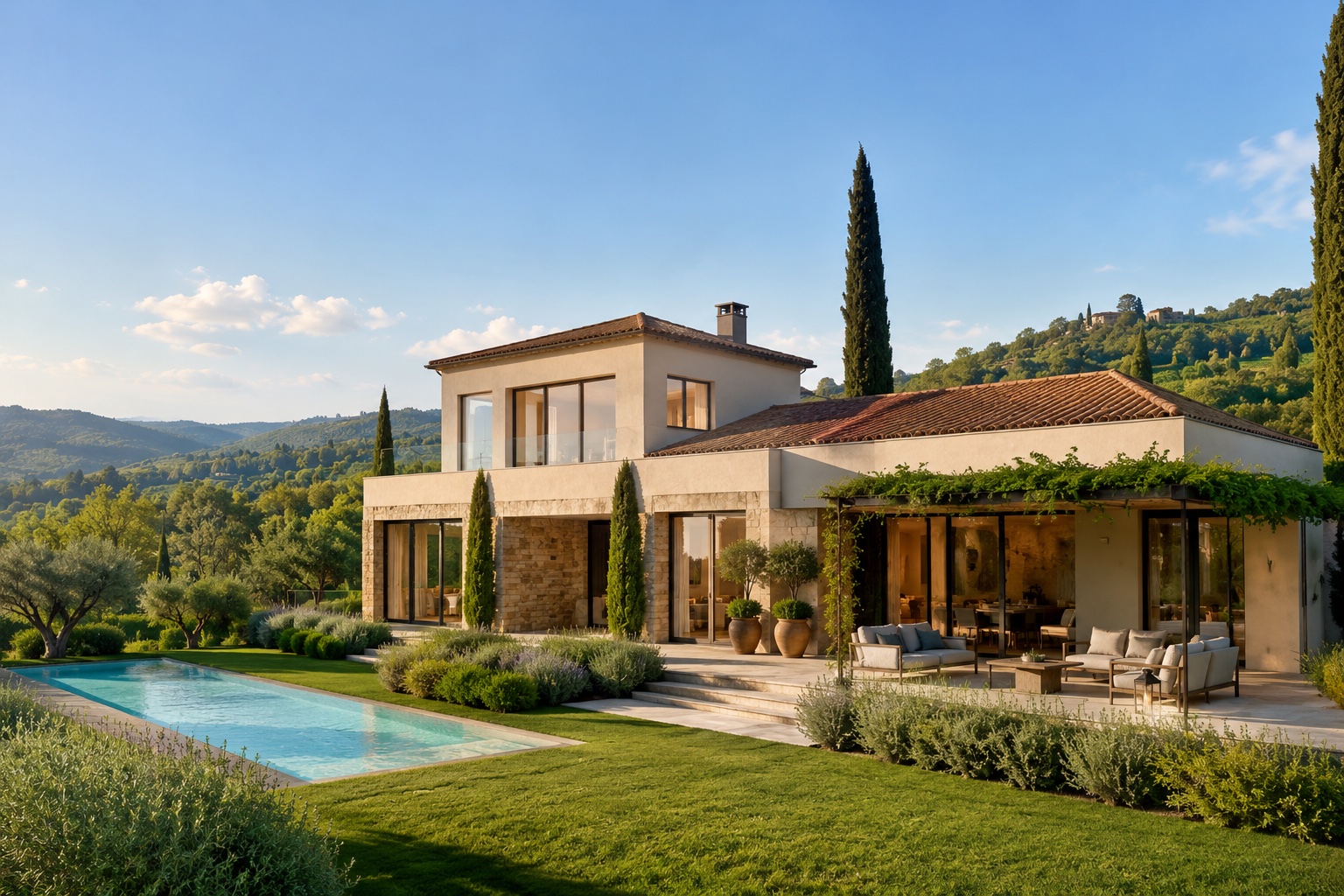 Villa di lusso sulla scogliera mediterranea al tramonto