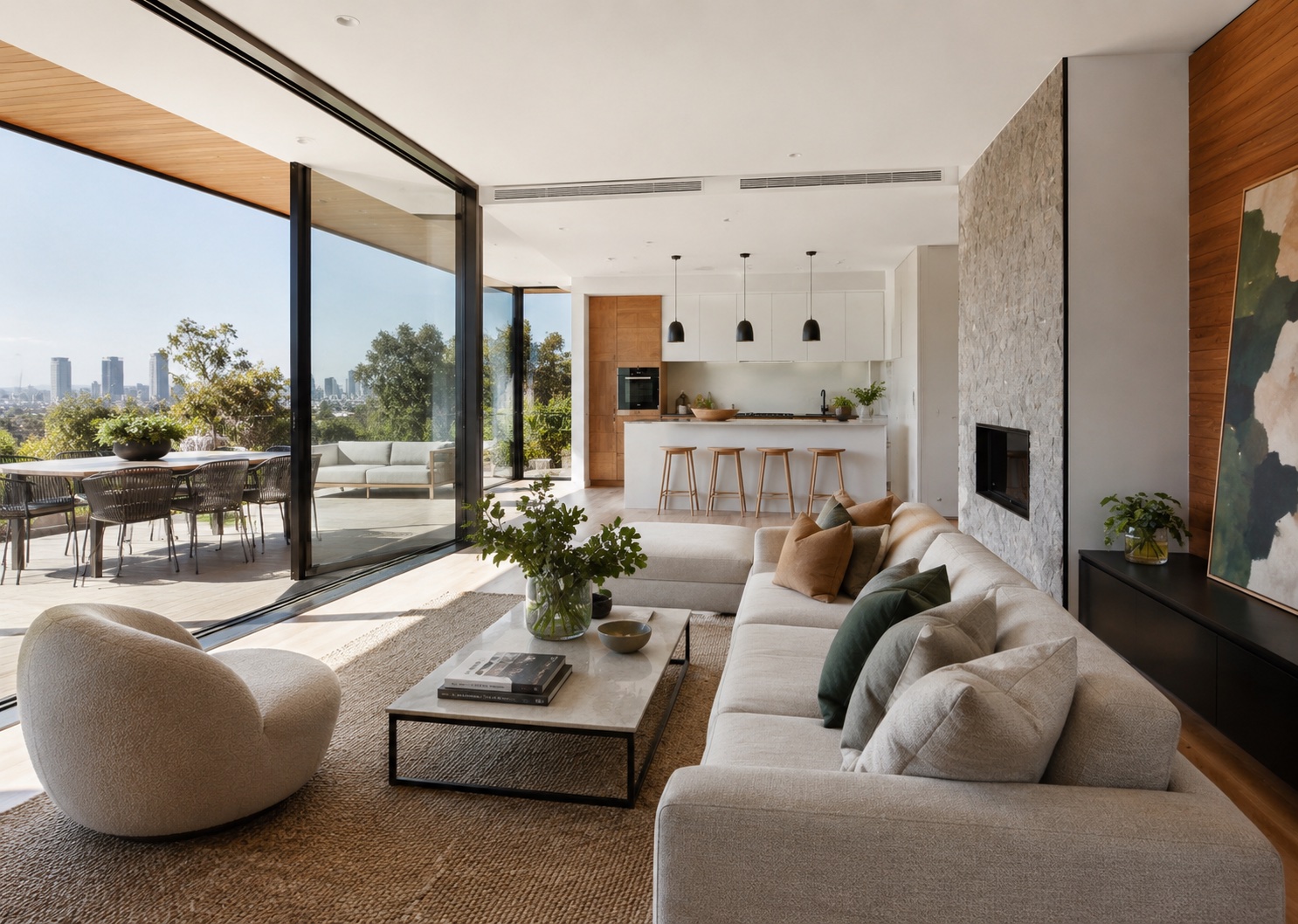 Living moderno con terrazza e vista skyline