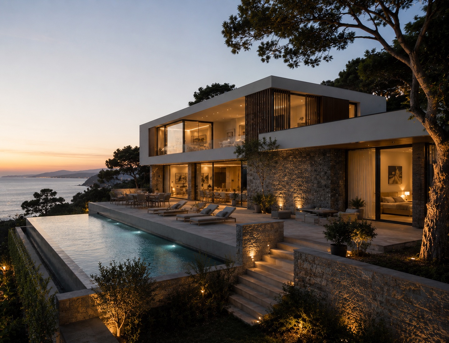 Villa in pietra con piscina e vista mare