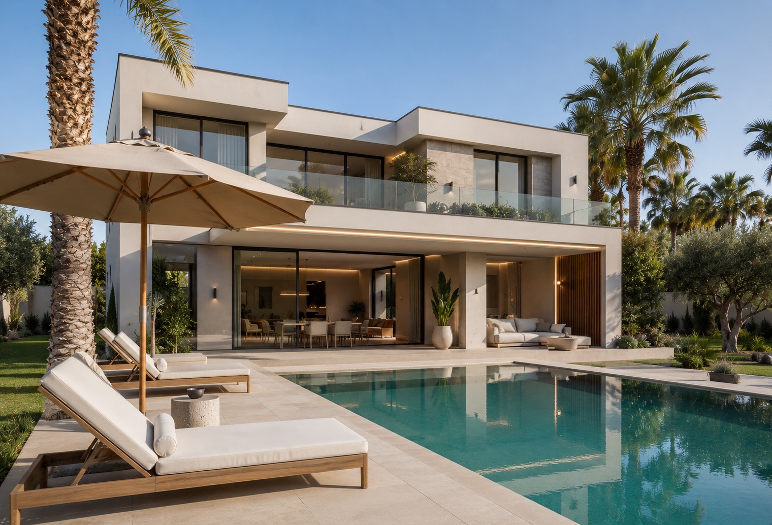 Villa bianca contemporanea tra rocce chiare e acqua